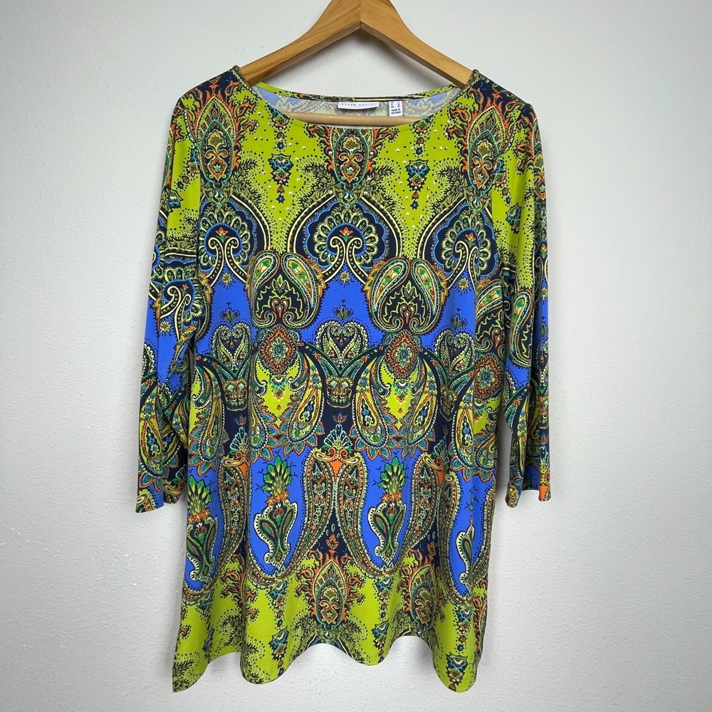 Susan Graver L Tunic Top Paisley Boatneck Artsy Fairycore Crystal Detail
